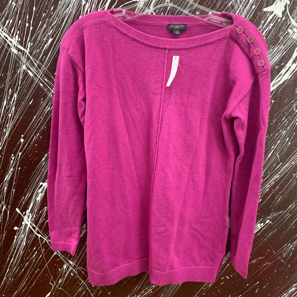 Talbots Petite Magenta Pink Button Shoulder Boat Neck Cotton Blend Sweater P